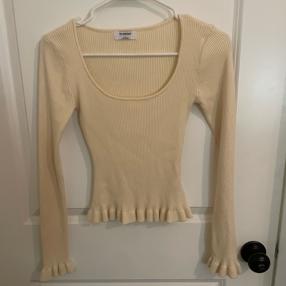 Cream Ribbed Long Sleeve Top